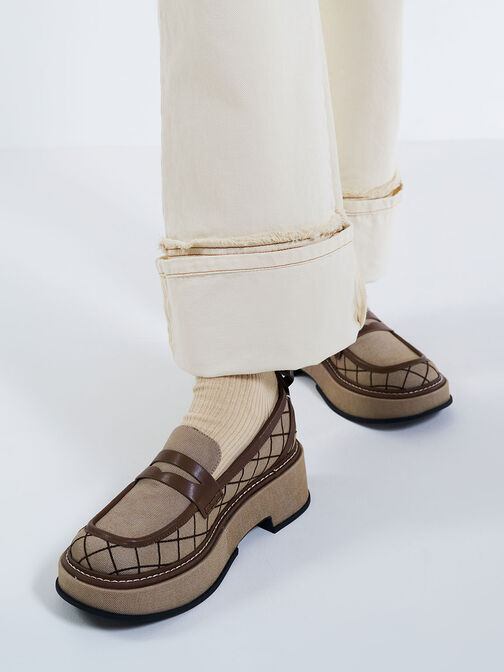 Frankie Grid-Print Platform Penny Loafers, Brown, hi-res