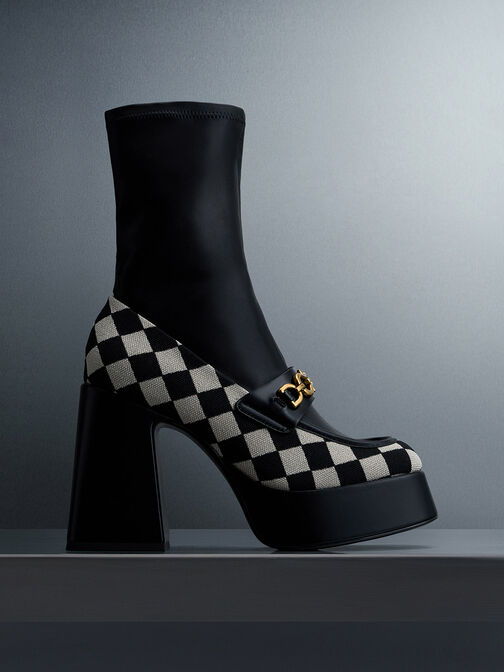 Checkered Metallic Accent Platform Ankle Boots, Multi, hi-res