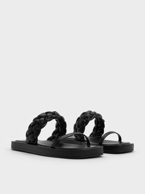 Braided-Strap Flatform Sandals, Black, hi-res