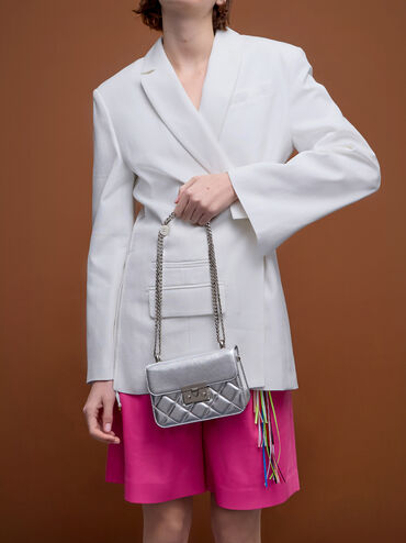 Alva Metallic Quilted Chain-Handle Bag, Silver, hi-res