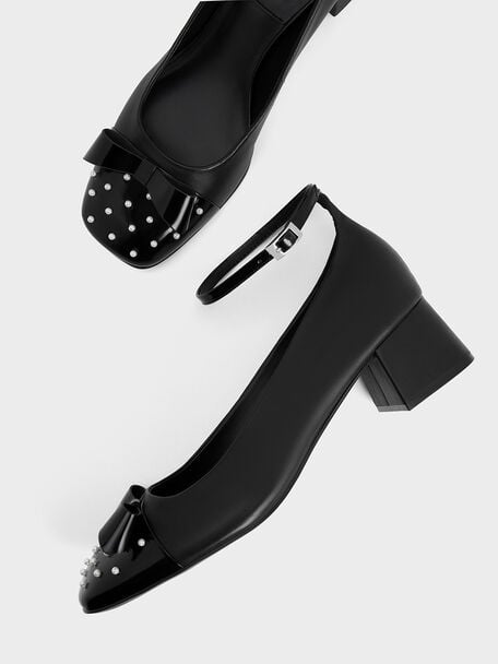 Pearl-Embellished Leather Bow Ankle-Strap Pumps, Black, hi-res