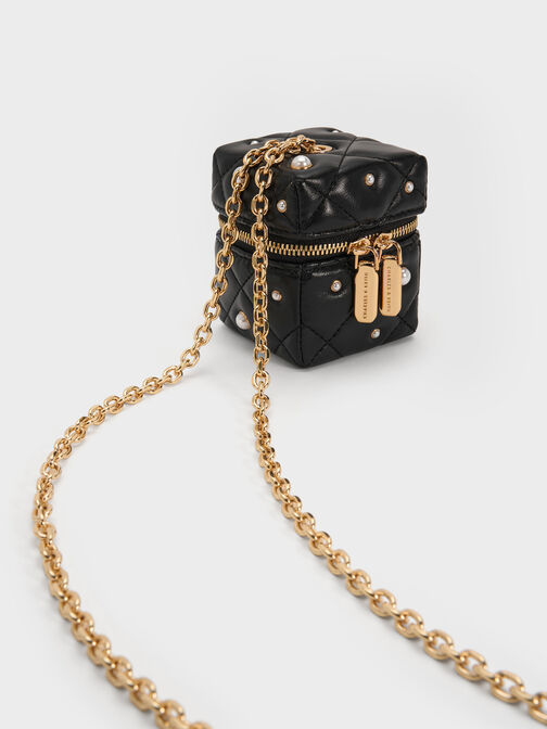 Janie Quilted Pearl-Embellished Chain-Handle Micro Bag, Black, hi-res