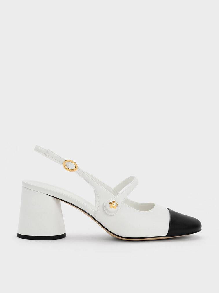 Pearl Embellished Slingback Pumps, White, hi-res