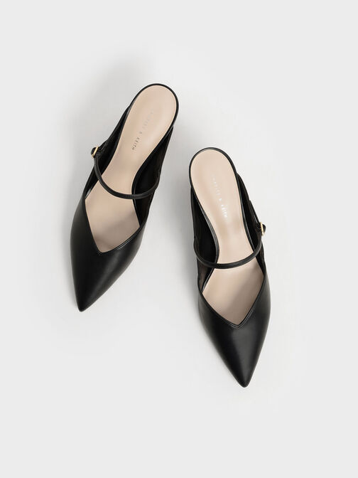 Mules con tacón escultural metalizado, Negro, hi-res