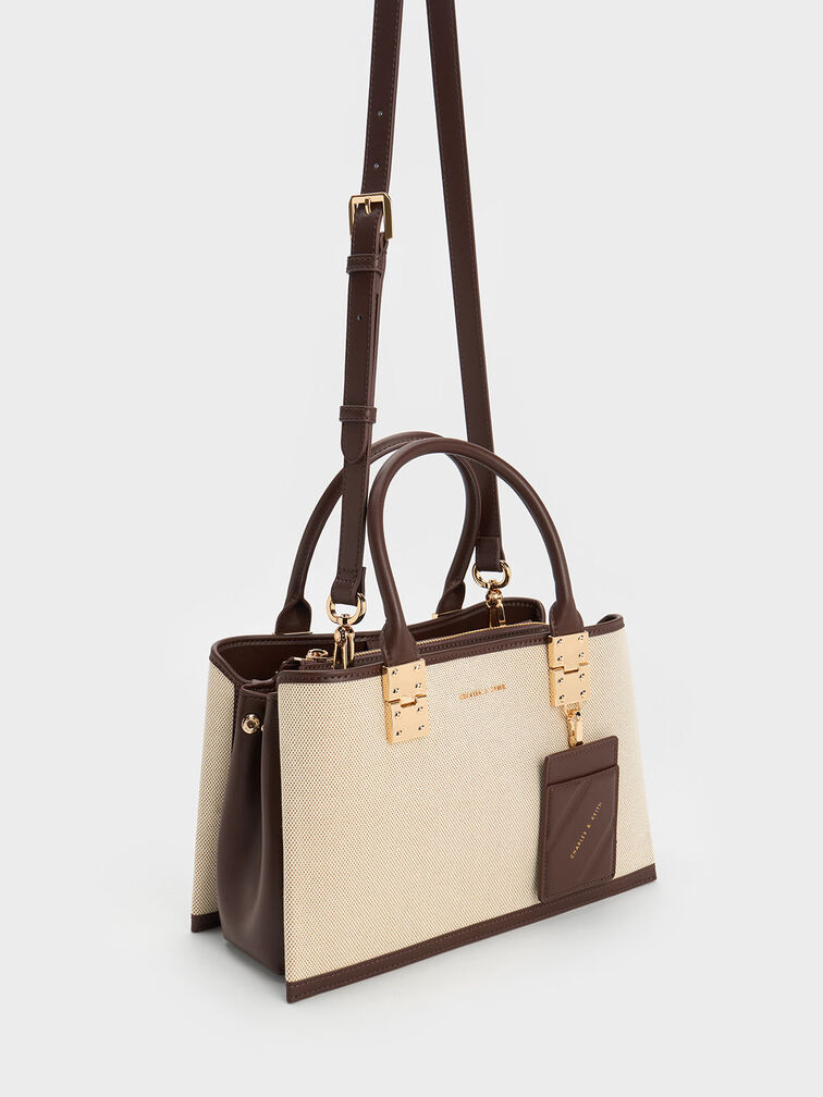 Canvas Double Top Handle Structured Bag, Dark Brown, hi-res