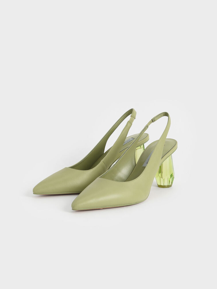 Sculptural Heel Slingback Pumps, Sage Green, hi-res