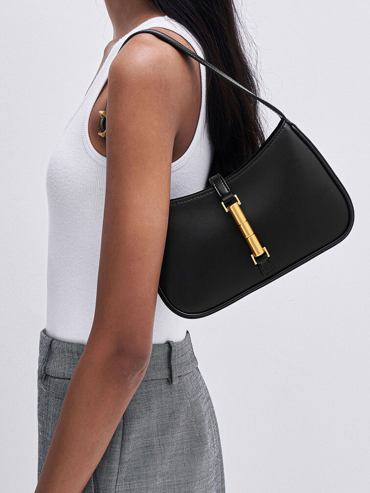 Black Cesia Metallic Accent Shoulder Bag - CHARLES &amp; KEITH US