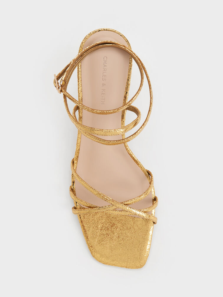 Metallic Crinkle-Effect Strappy Ankle-Strap Kitten-Heel Sandals, Gold, hi-res