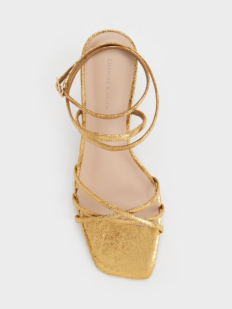 Metallic Crinkle-Effect Strappy Ankle-Strap Kitten-Heel Sandals, Gold, hi-res