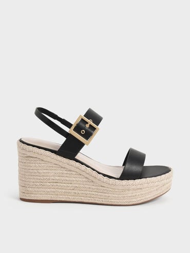 Buckled Espadrille Wedges, Black, hi-res