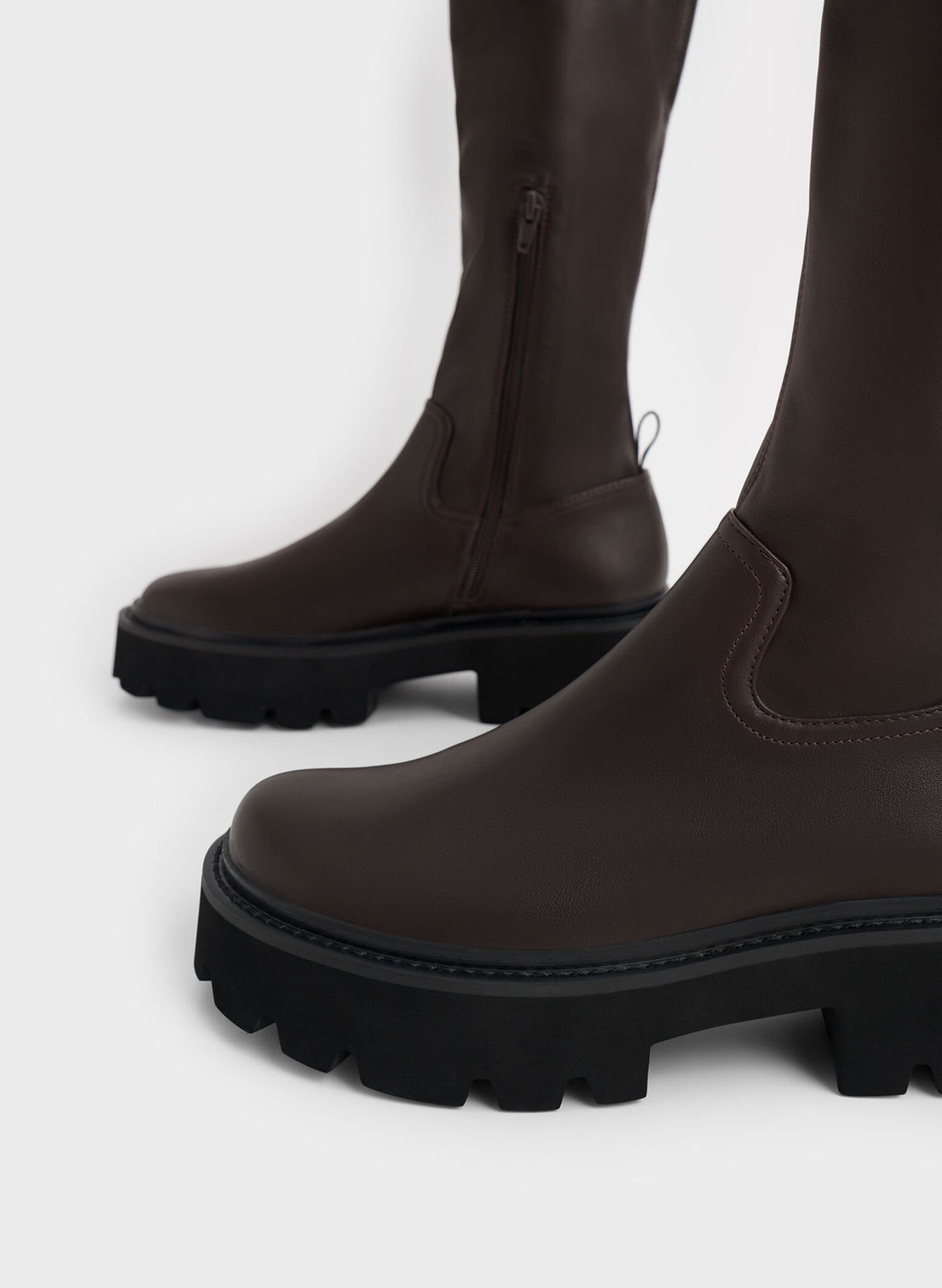 Dark Brown Chunky Platform Knee-High Boots - CHARLES & KEITH CA