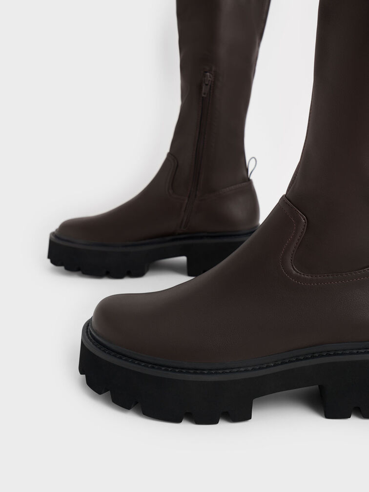 Chunky Platform Knee-High Boots, Dark Brown, hi-res