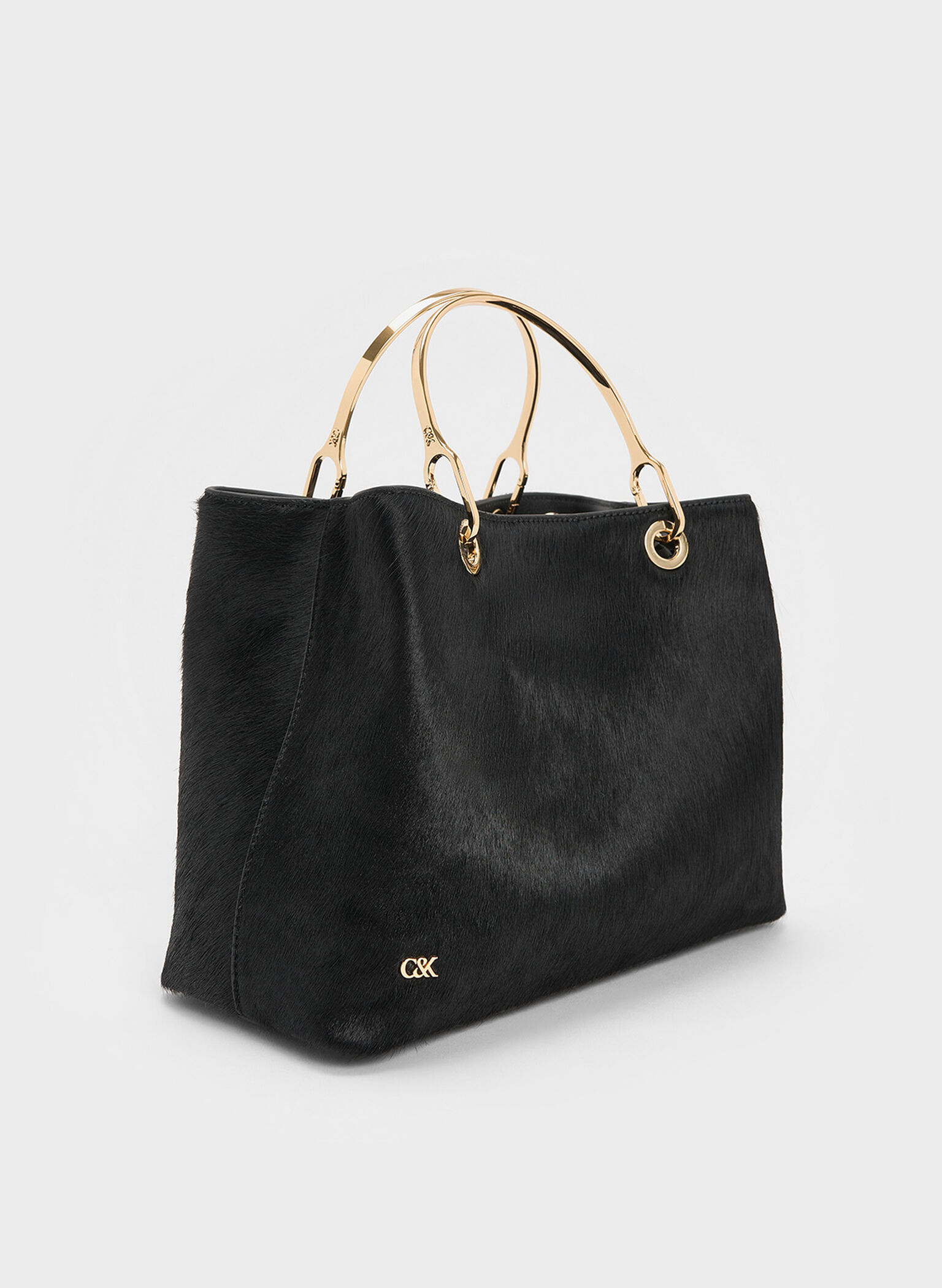 Bolso rectangular anillado de piel con asa, Negro, hi-res