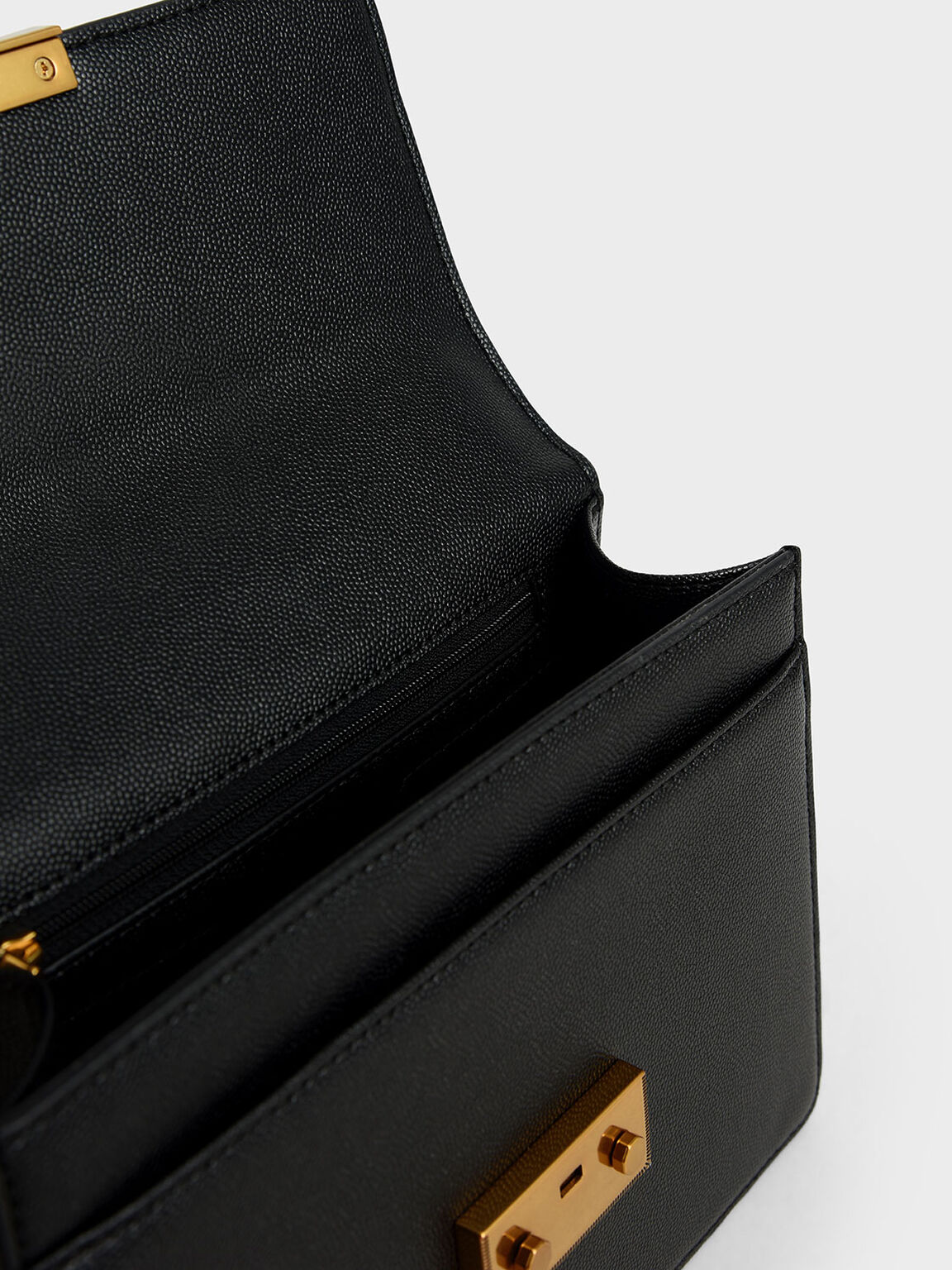 Metallic Push-Lock Shoulder Bag, Black, hi-res