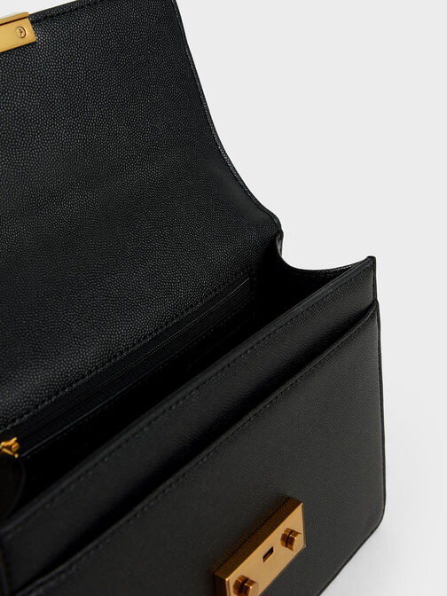 Metallic Push-Lock Shoulder Bag, Black, hi-res