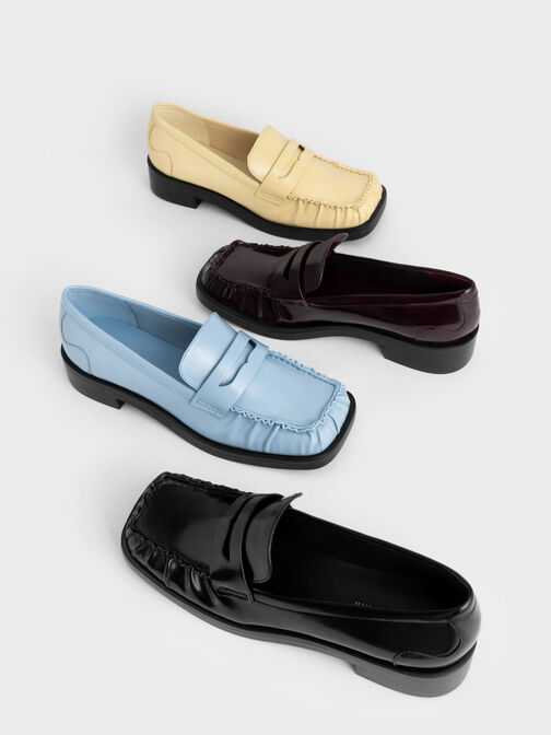 Ruched Square-Toe Loafers, Light Blue, hi-res