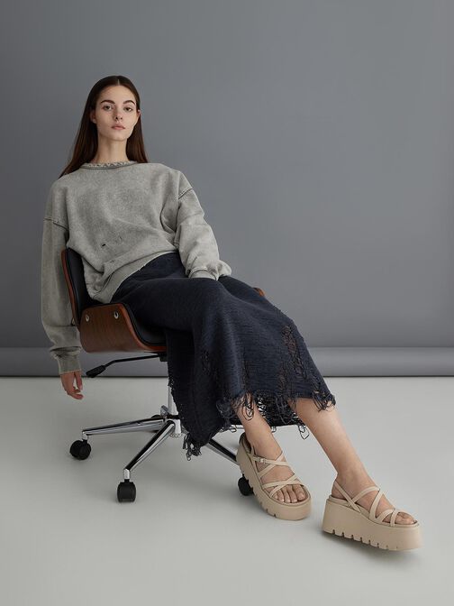 Strappy Crossover Flatform Sandals, Beige, hi-res
