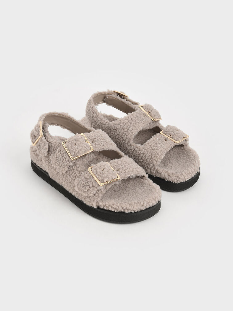 Recycled PET - Furry Platform Sandals, Taupe, hi-res