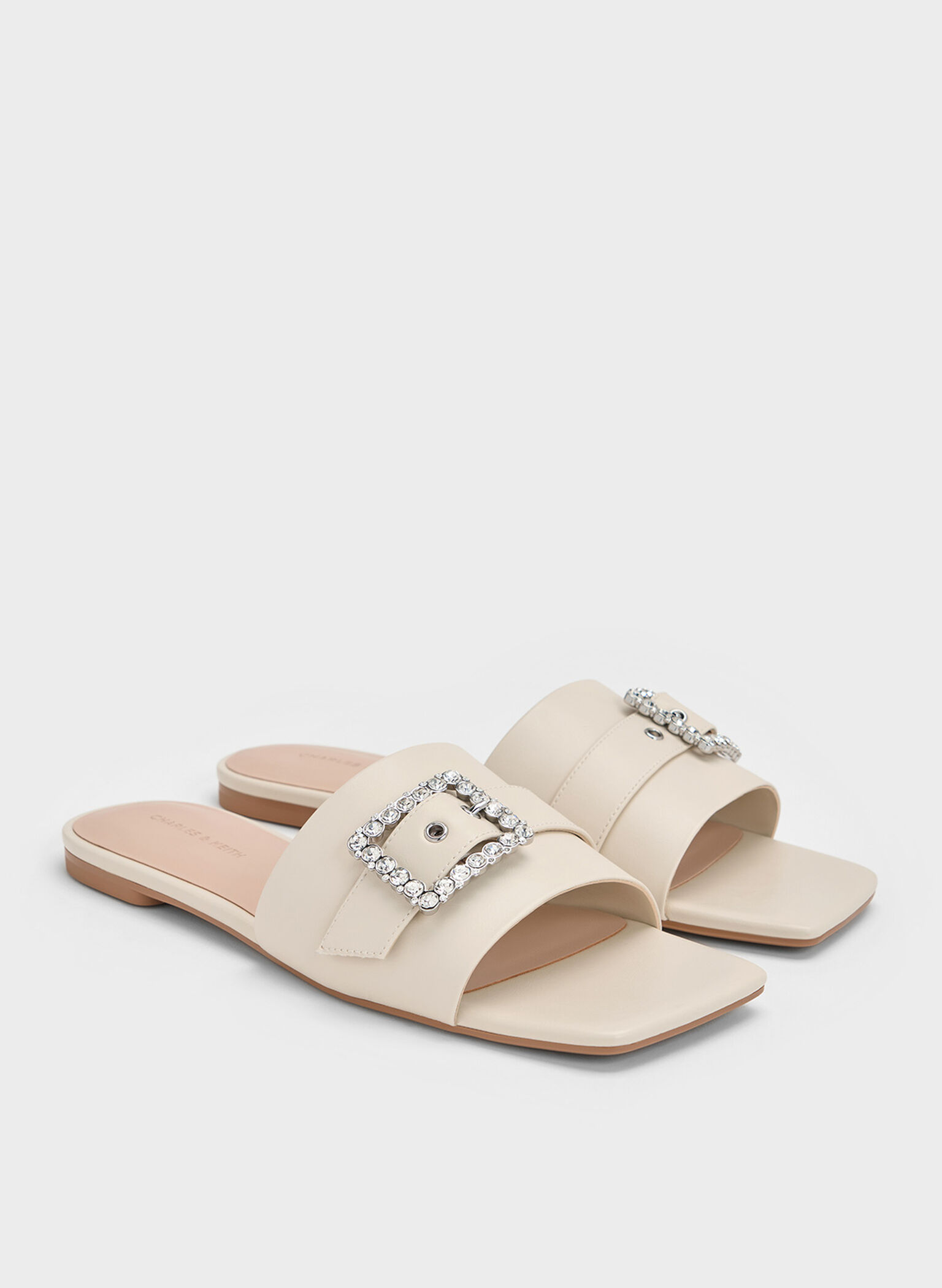 Gem-Buckle Square-Toe Slide Sandals, Chalk, hi-res