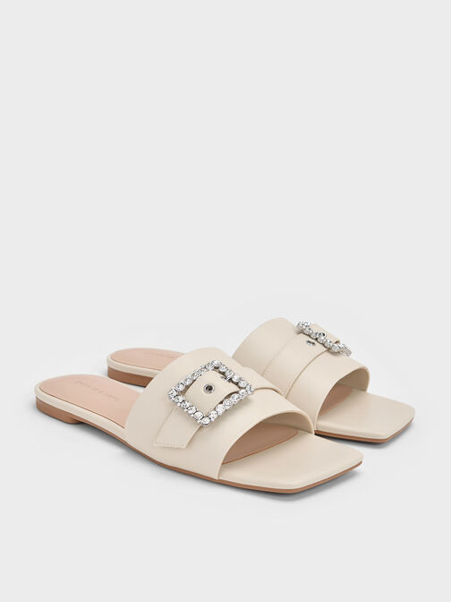 Gem-Buckle Square-Toe Slide Sandals, Chalk, hi-res