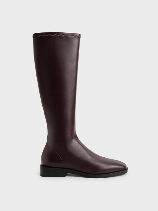 Knee High Flat Boots, Burgundy, hi-res