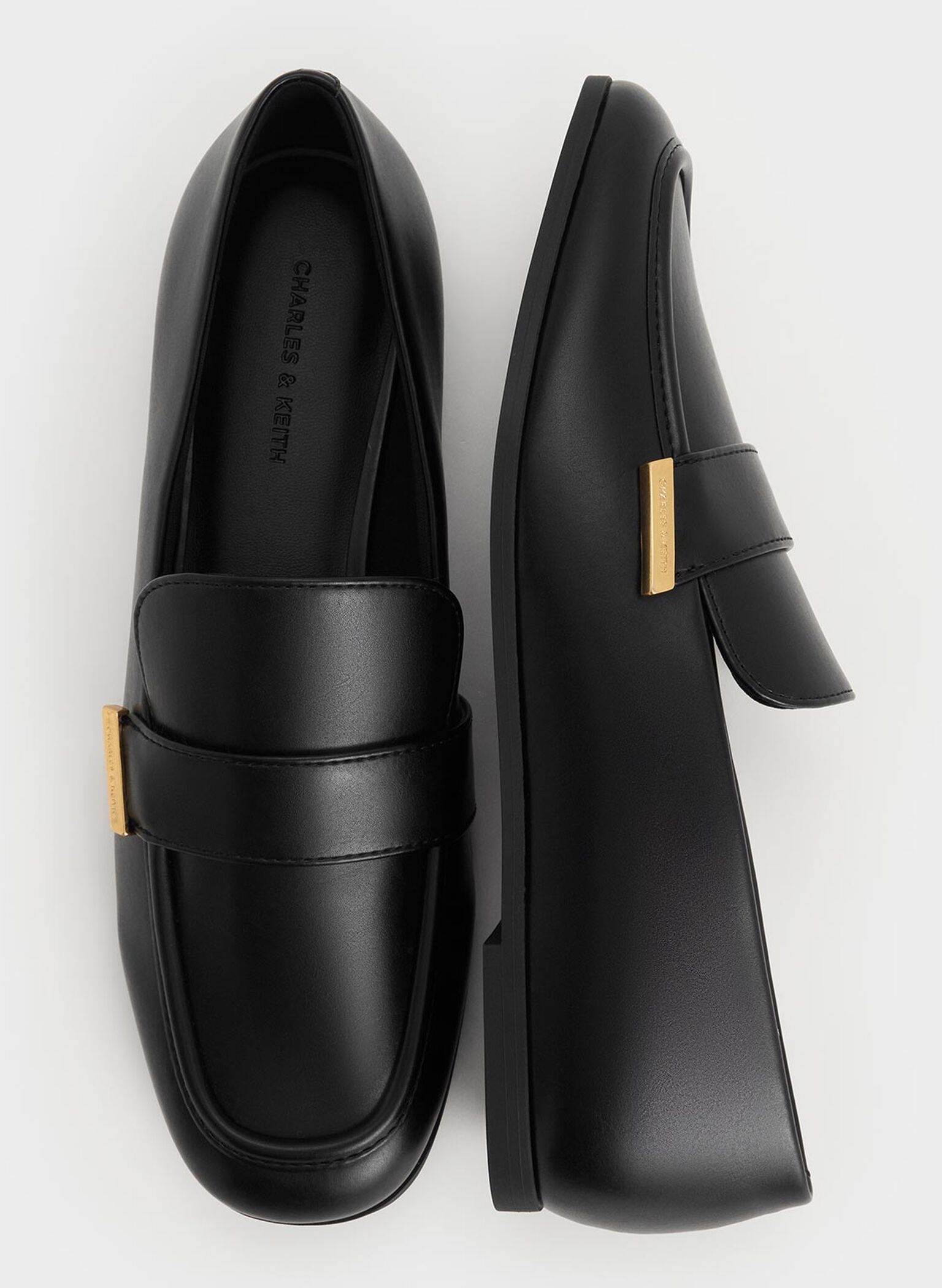 Almond-Toe Flat Loafers, Black, hi-res