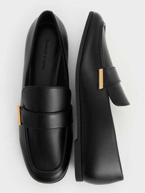 Almond-Toe Flat Loafers, Black, hi-res
