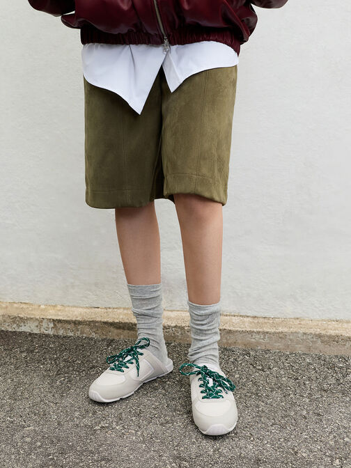 Mesh Patterned-Lace Slip-On Sneakers, White, hi-res