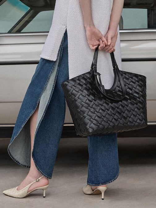 Woven Pointed-Toe Slingback Pumps, Chalk, hi-res