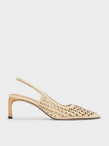 Studded Cut-Out Kitten-Heel Slingback Pumps, Cream, hi-res