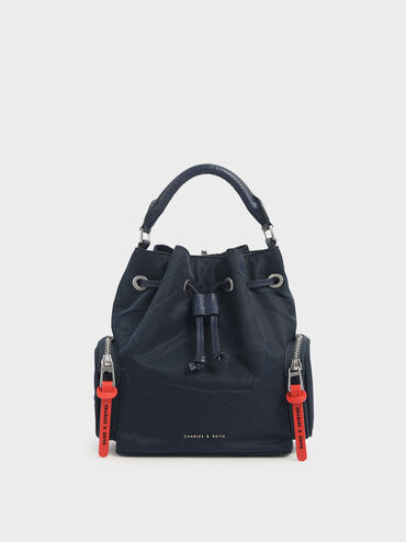 Nylon Drawstring Bucket Bag, Dark Blue, hi-res