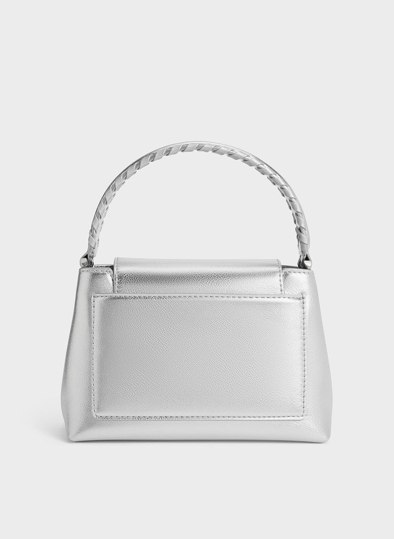 Bolso de asa superior Arwen metalizado con correa trenzada, Plateado, hi-res