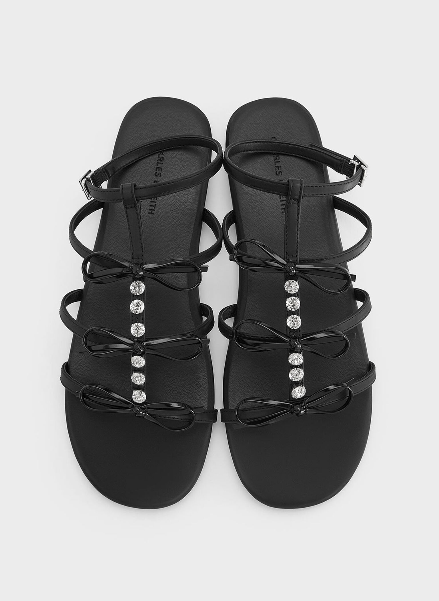 Gem-Embellished Bow T-Bar Sandals, Black, hi-res