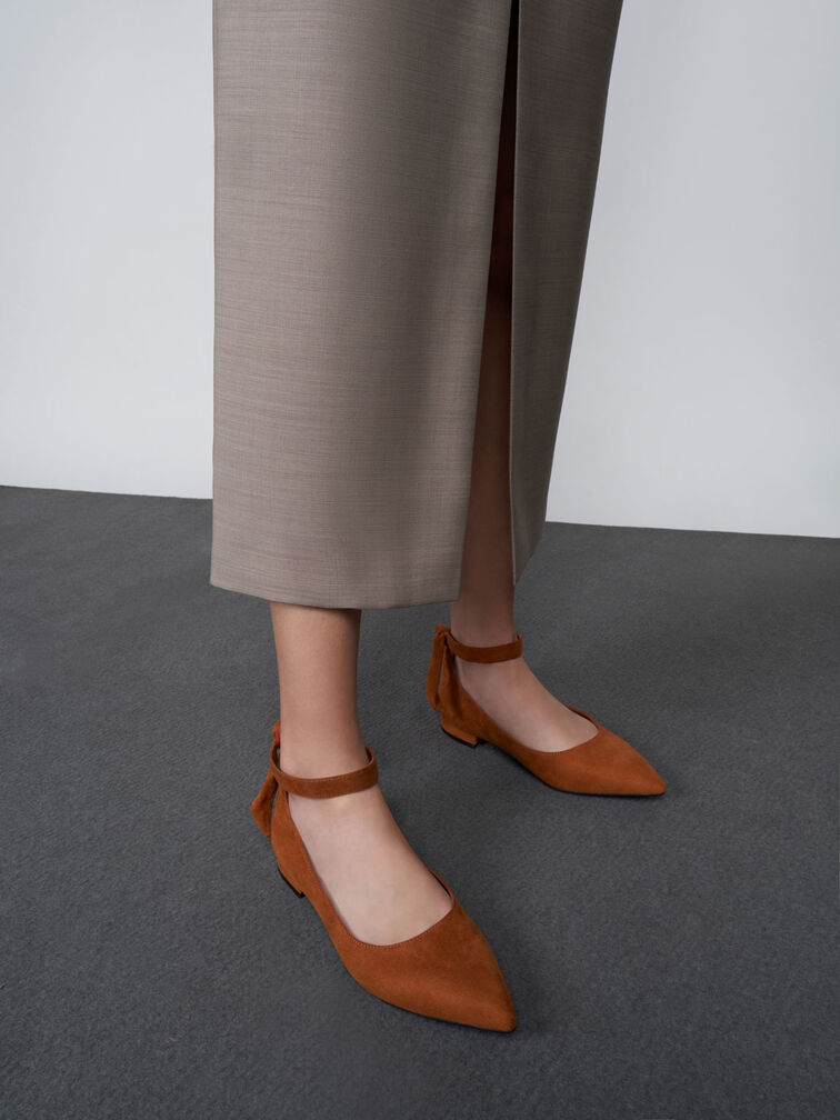 Textured Ankle Strap Ballerina Flats, Cognac, hi-res