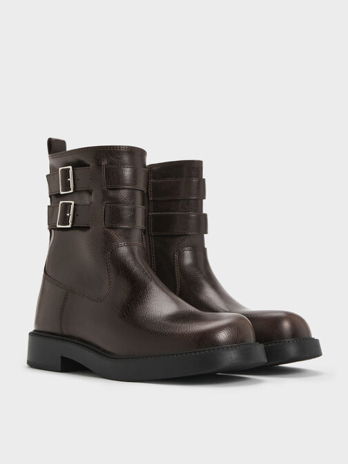 Girls' Double Buckle-Strap Ankle Boots, Dark Brown, hi-res