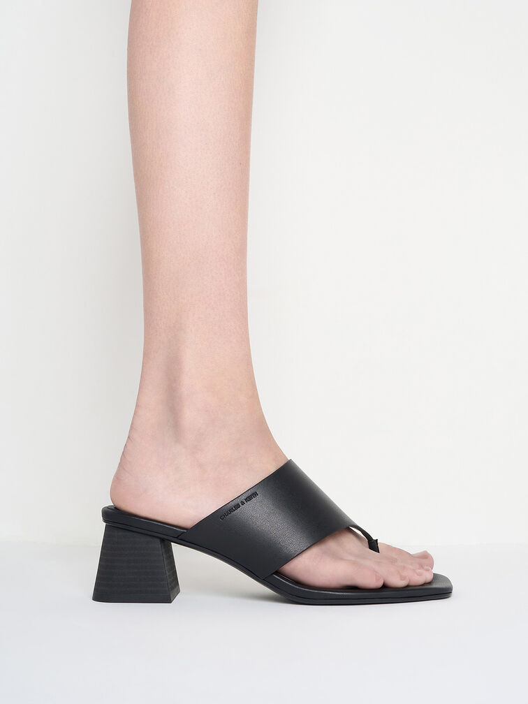 Square-Toe Heeled Thong Sandals, Black, hi-res