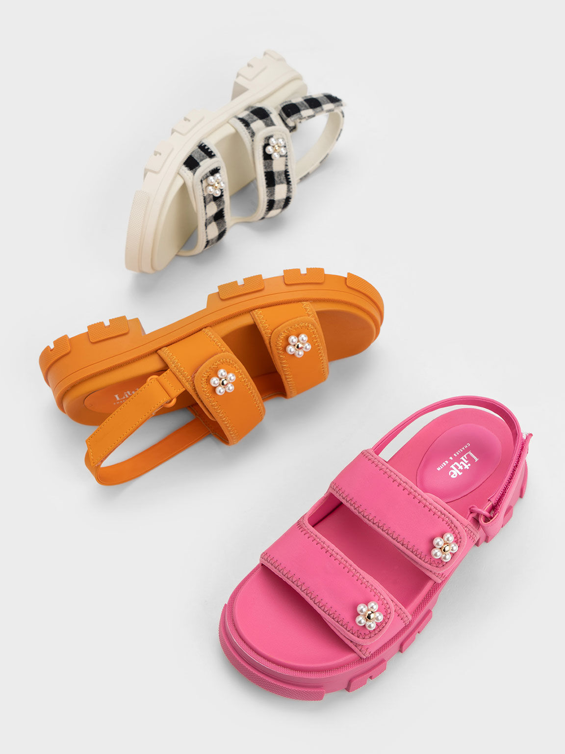 Girls' Floral Beaded Gingham Sports Sandals, Black, hi-res