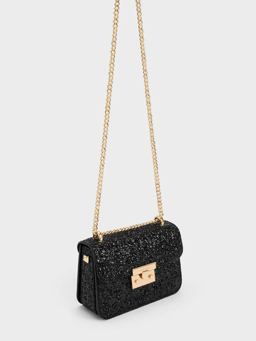 Bolso de glitter con asa de cadena y cierre de botón a presión, Negro, hi-res