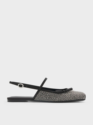 Crystal-Embellished Bow Slingback Mary Jane Flats, Black Textured, hi-res