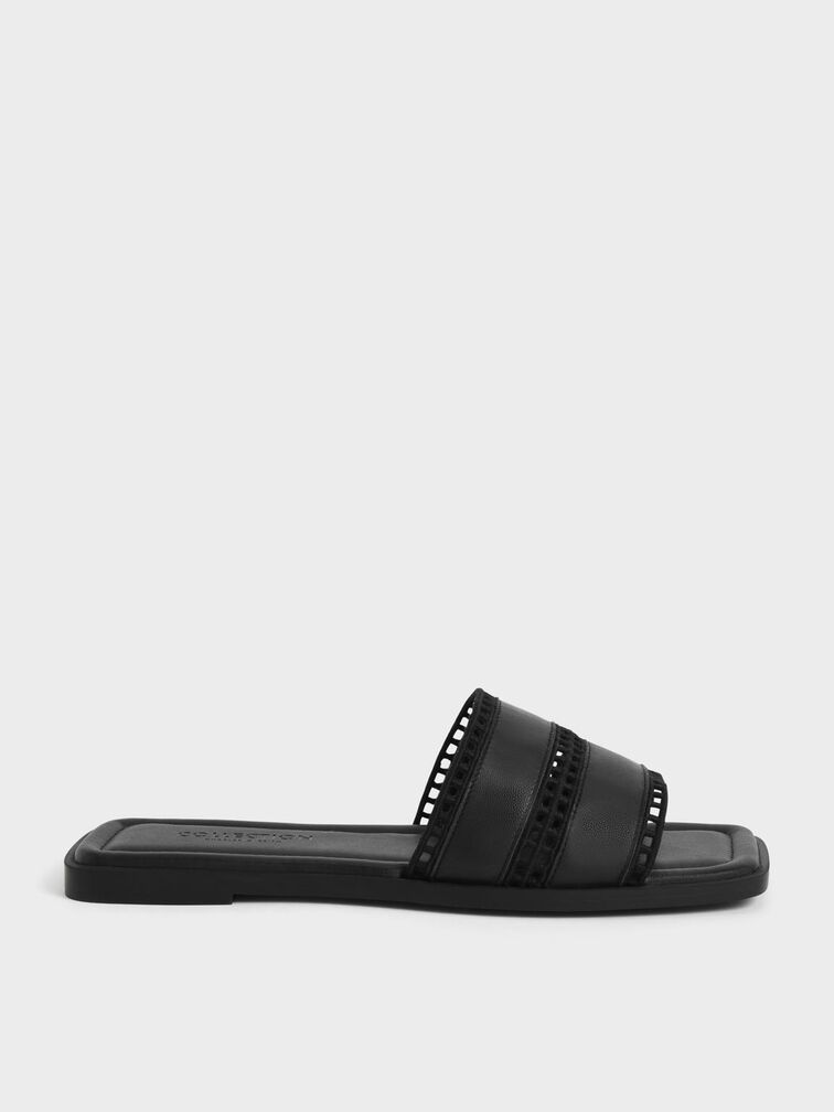 Cut-Out Square-Toe Slides, Black, hi-res