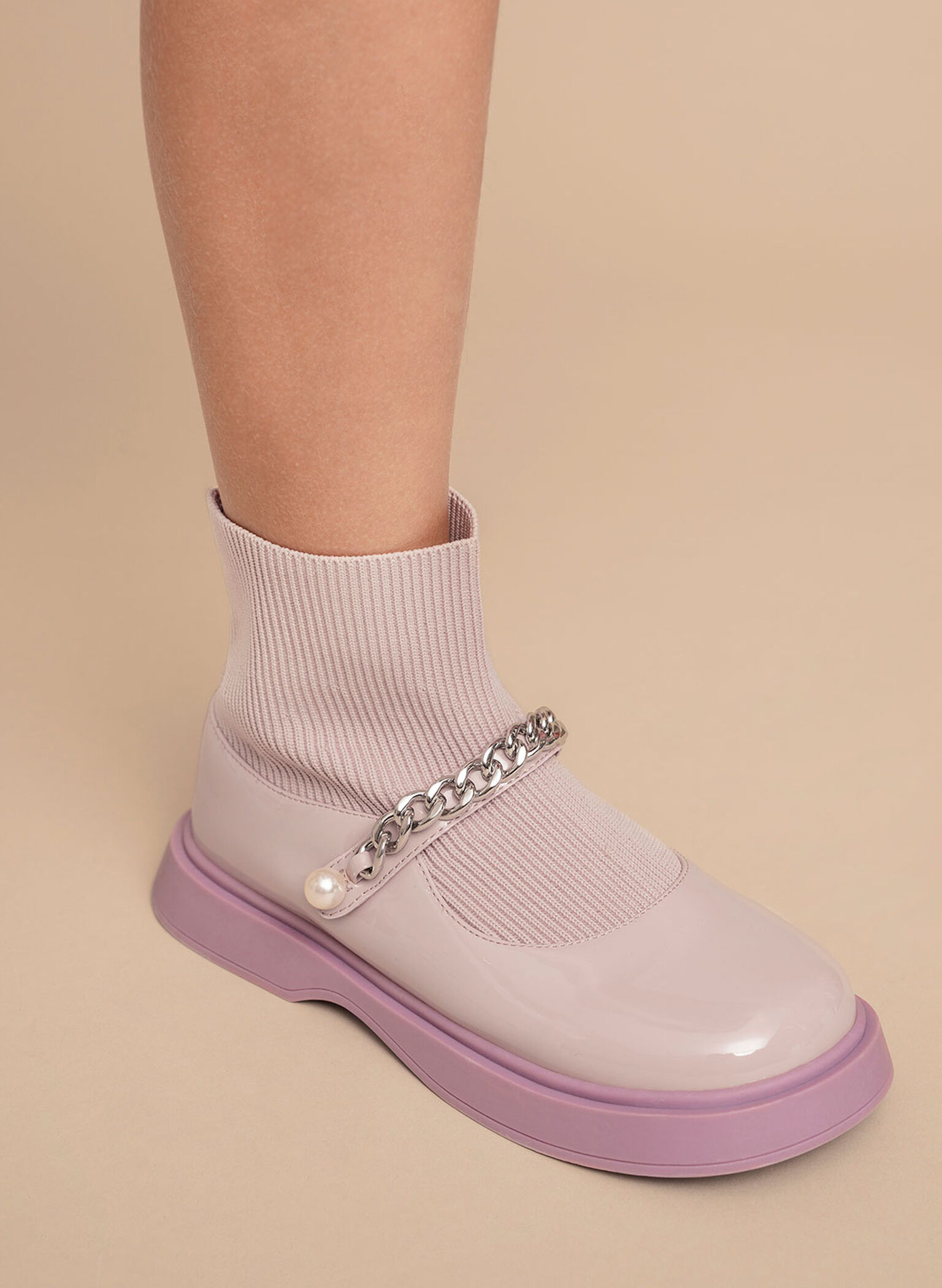 Girls' Chain-Link Knitted Sock Boots, Lilac, hi-res