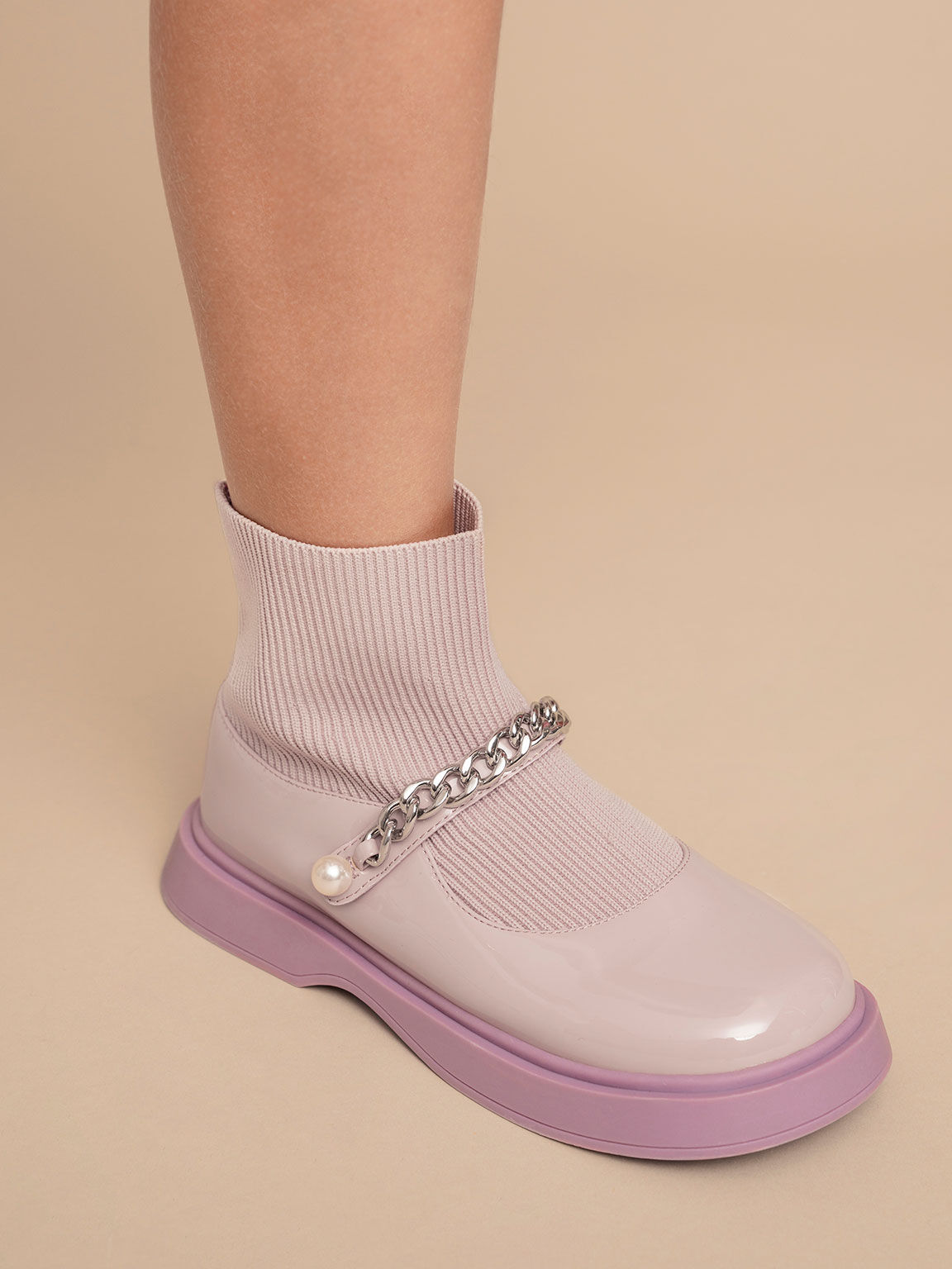 Girls' Chain-Link Knitted Sock Boots, Lilac, hi-res
