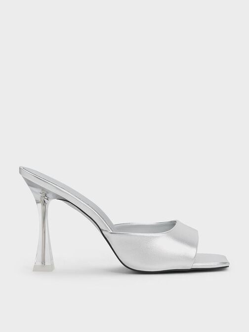 Clear Flared Heel Metallic Mules, Silver, hi-res