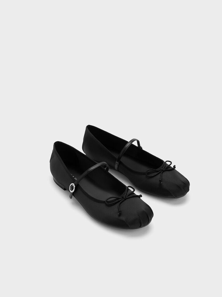 Satin Bow Mary Jane Flats, Black, hi-res