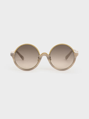 Printed Half Frame Embellished Round Sunglasses, Cream, hi-res