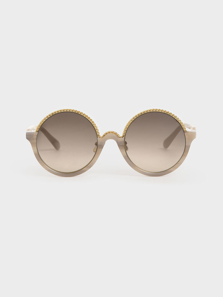 Printed Half Frame Embellished Round Sunglasses, Cream, hi-res