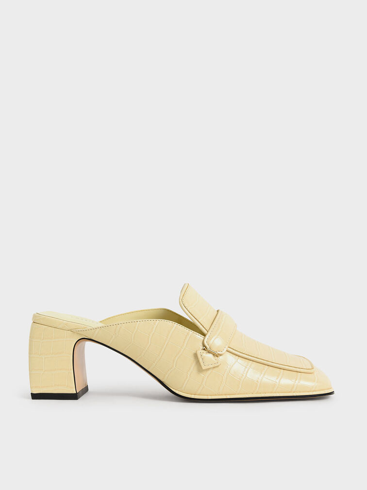 Croc-Effect Block Heel Loafer Mules, Animal Print Yellow, hi-res