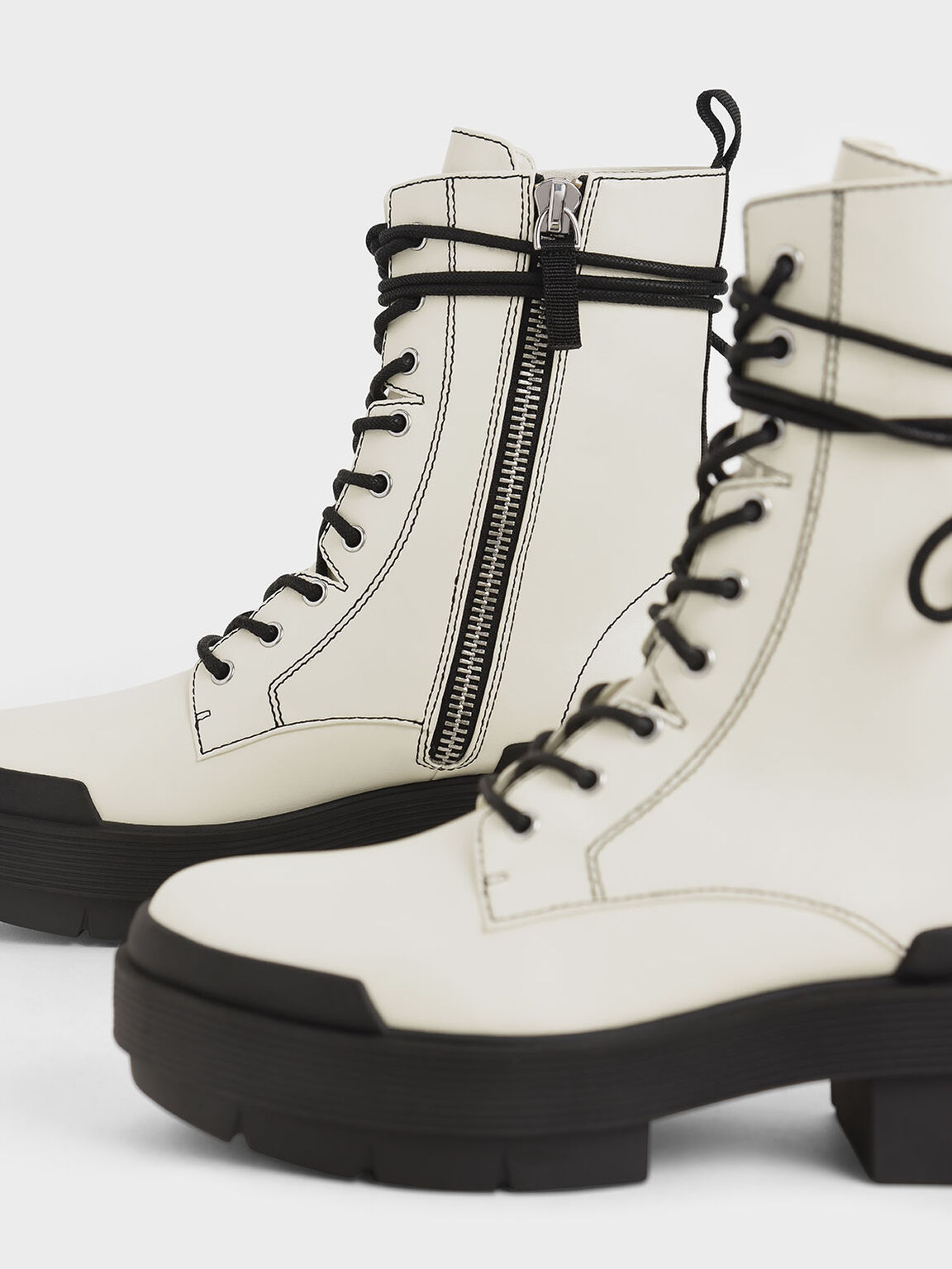 Stitch Detail Combat Boots, Chalk, hi-res