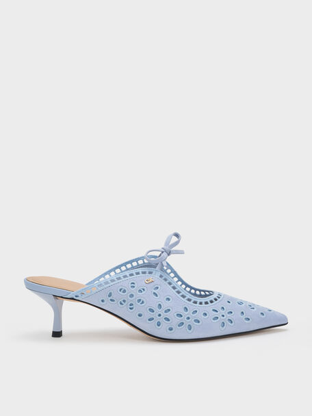 Leather Embroidered Heeled Mules, Light Blue, hi-res