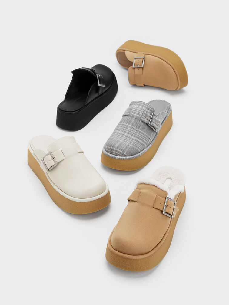 Buckled Flatform Mules, Black, hi-res